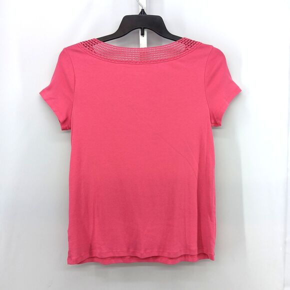 Basic Editions Shirt Women Large Pink Short Sleeve Crochet Neckline Casual Top - Picture 3 of 6
